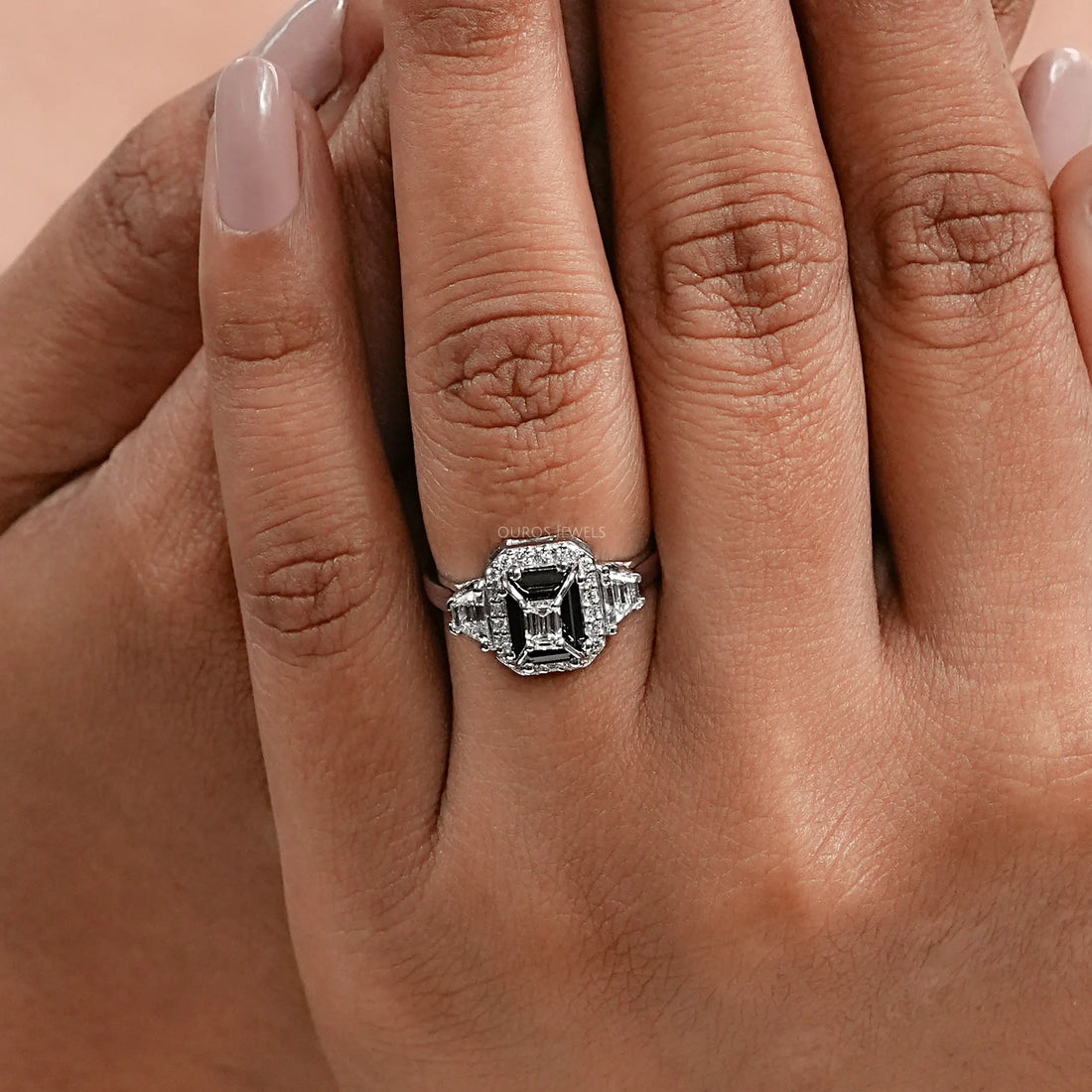 Black Emerald Diamond Three Stone Engagement Ring Rings