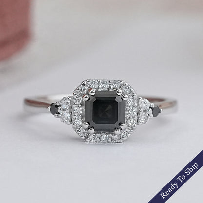 Black Asscher Diamond Halo Engagement Ring Rings