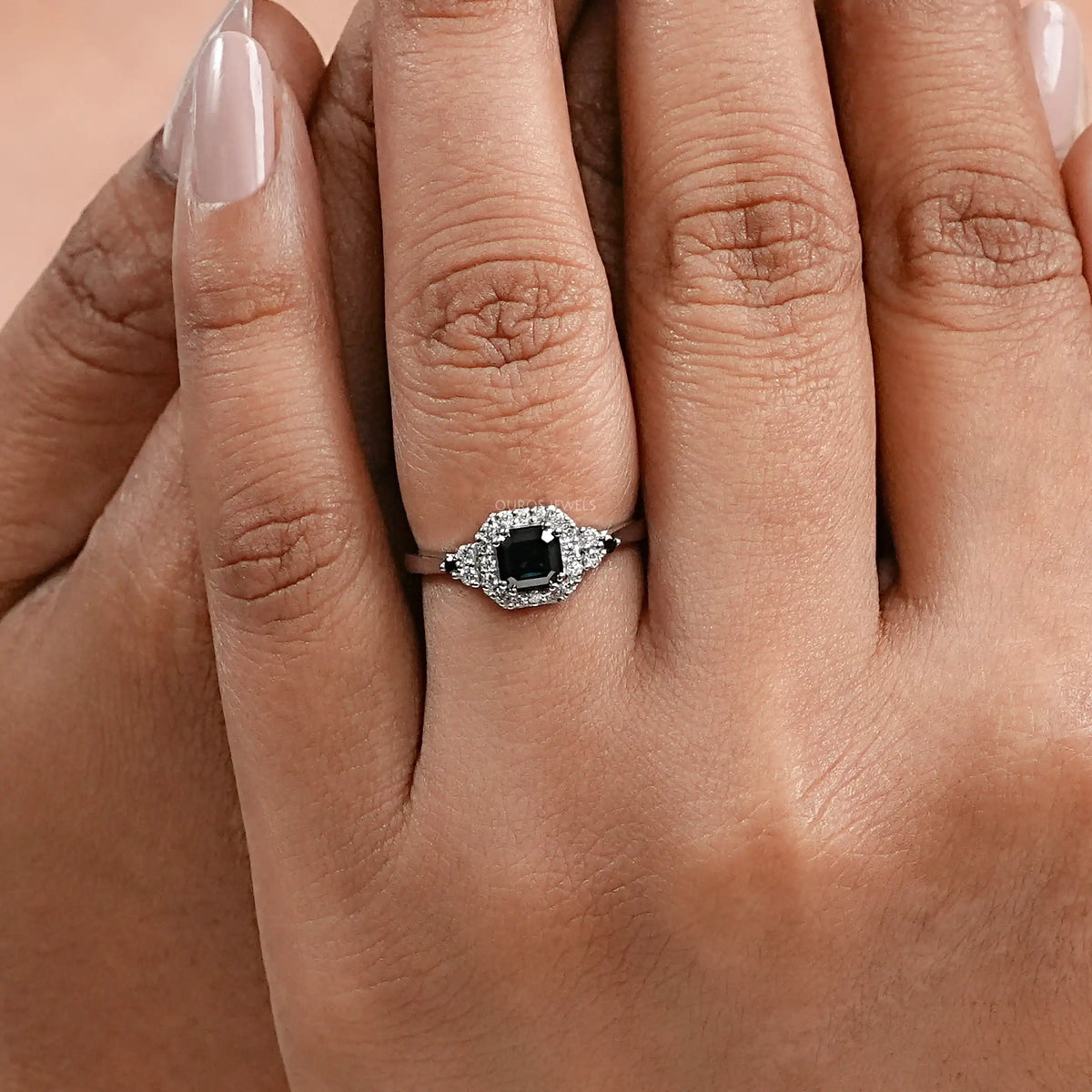 Black Asscher Diamond Halo Engagement Ring Rings
