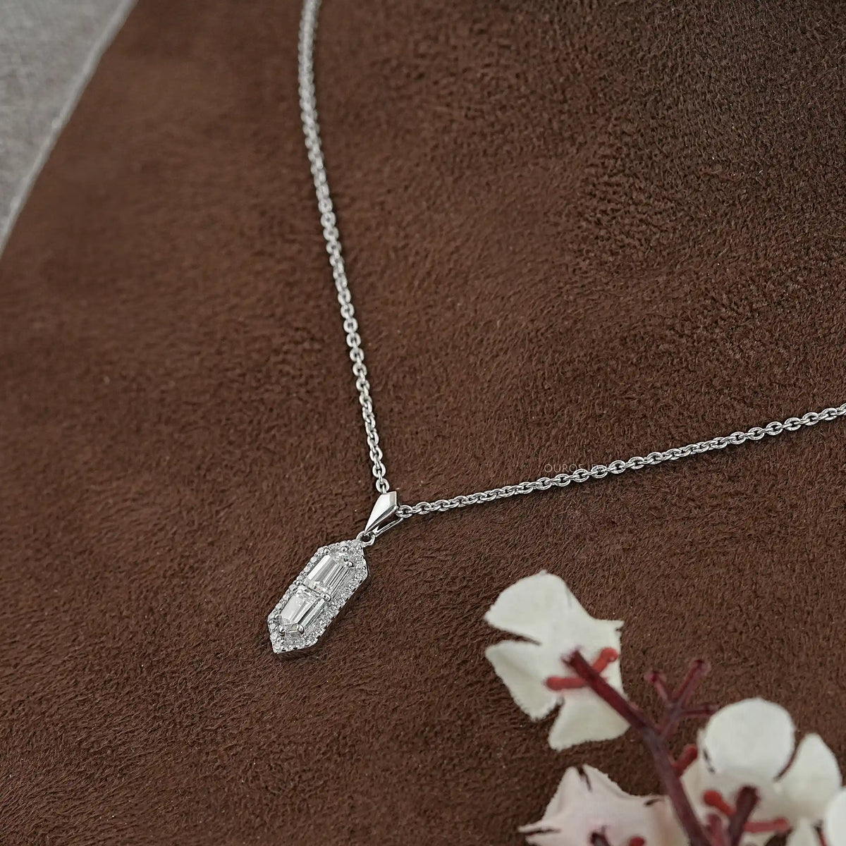 Step Cut Arrow Lab Diamond Halo Pendant Necklaces