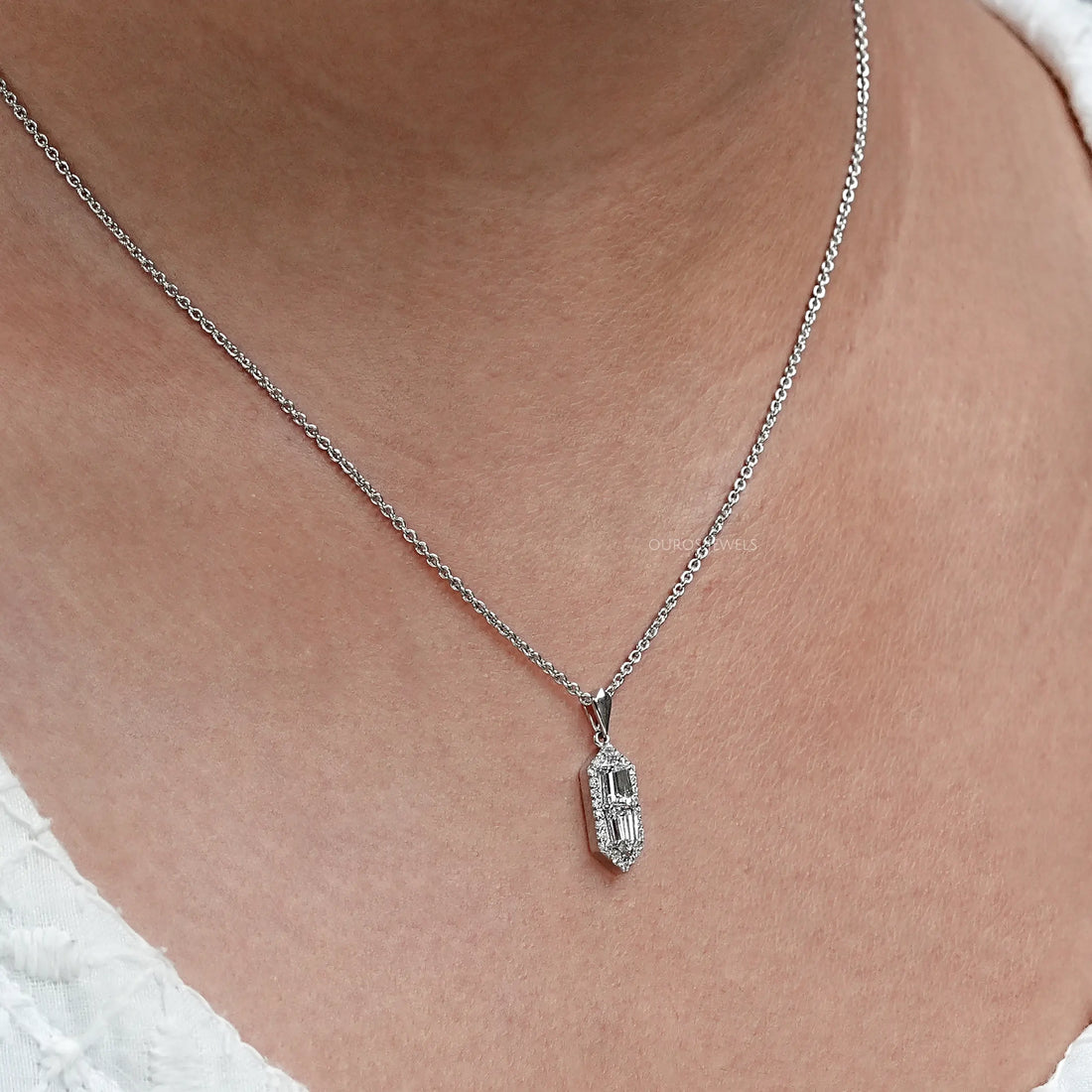 Step Cut Arrow Lab Diamond Halo Pendant Necklaces