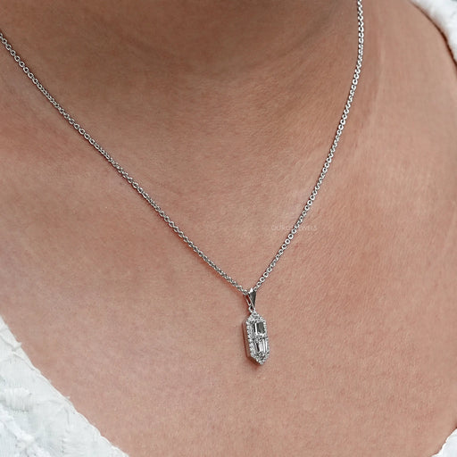 Step Cut Arrow Lab Diamond Halo Pendant Necklaces