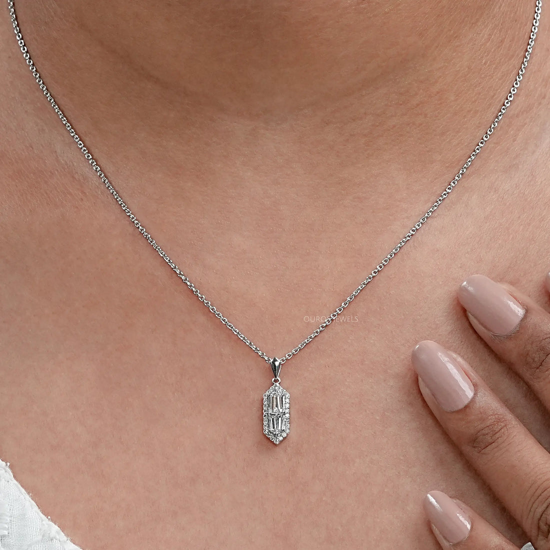 Step Cut Arrow Lab Diamond Halo Pendant Necklaces