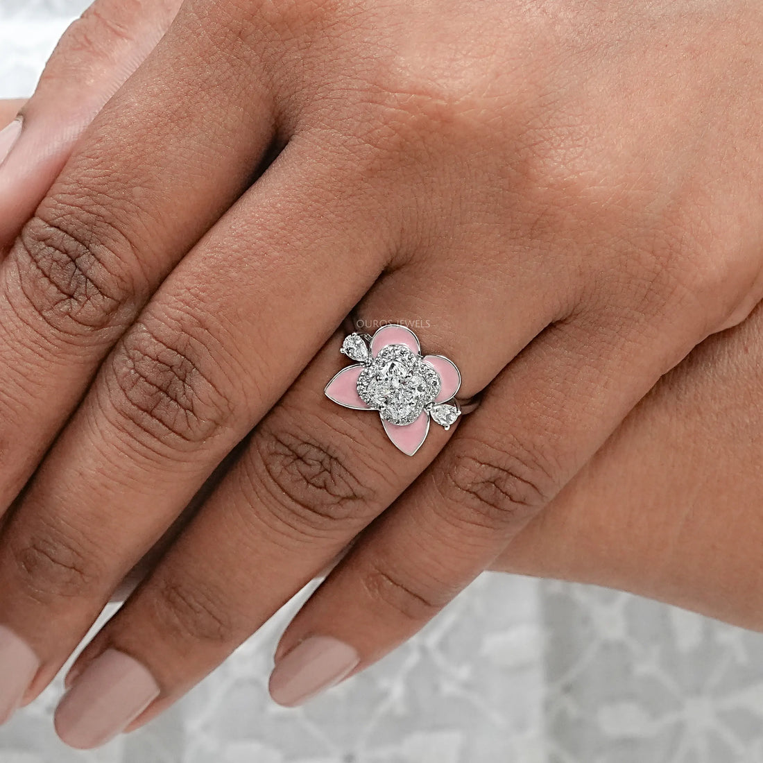 Antique Floral Cut Pink Enamel Engagement Ring Rings