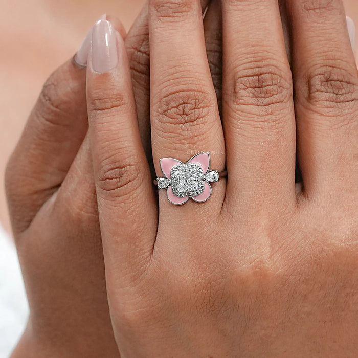 Antique Floral Cut Pink Enamel Engagement Ring Rings