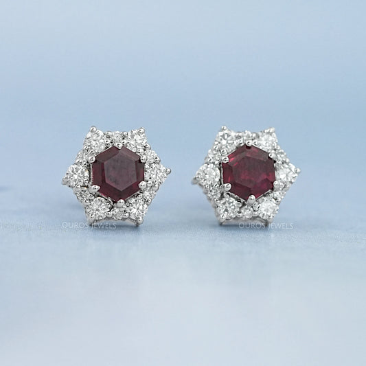 Floral Hexagon Cut Red Ruby Gemstone Cluster Stud Earrings Earring