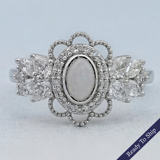 Opal Oval Cut And Halo Diamond Floral Engagement Ring