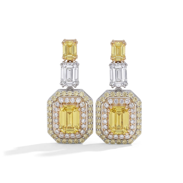 Yellow Emerald Lab Gemstone Double Halo Drop Earrings