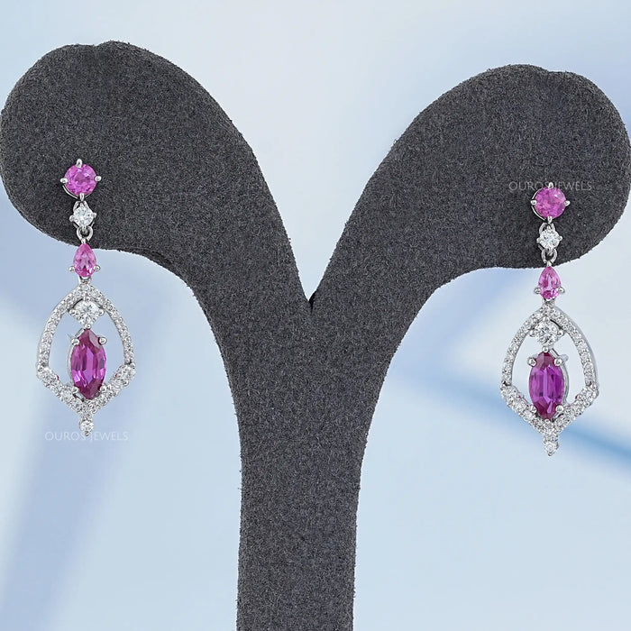 Pink Sapphire Marquise Cut Cluster Diamond Dangle Earrings Earrings