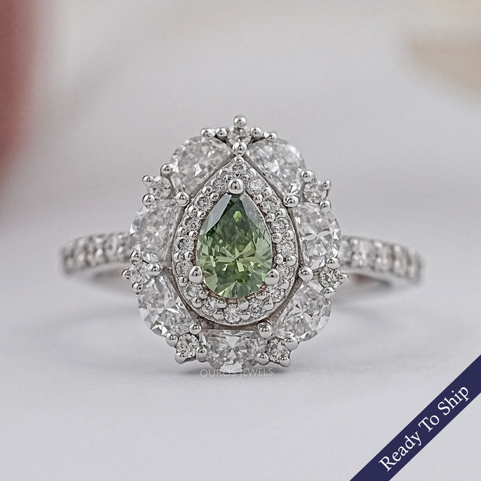 Green Pear Diamond Double Halo Engagement Ring Rings