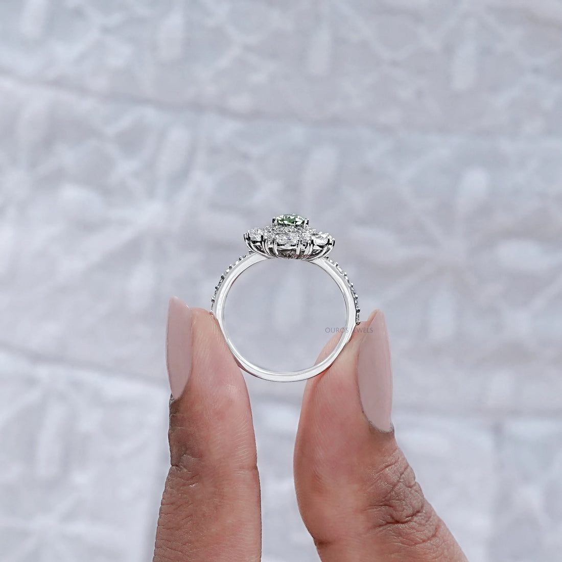 Green Pear Diamond Double Halo Engagement Ring Rings
