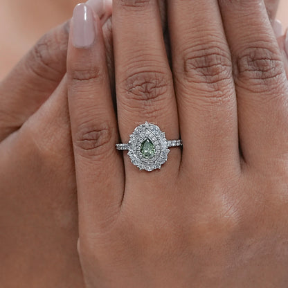 Green Pear Diamond Double Halo Engagement Ring Rings