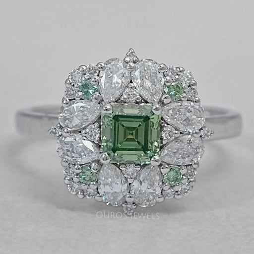Asscher Cut Green Lab Diamond Cluster Engagement Ring Ring