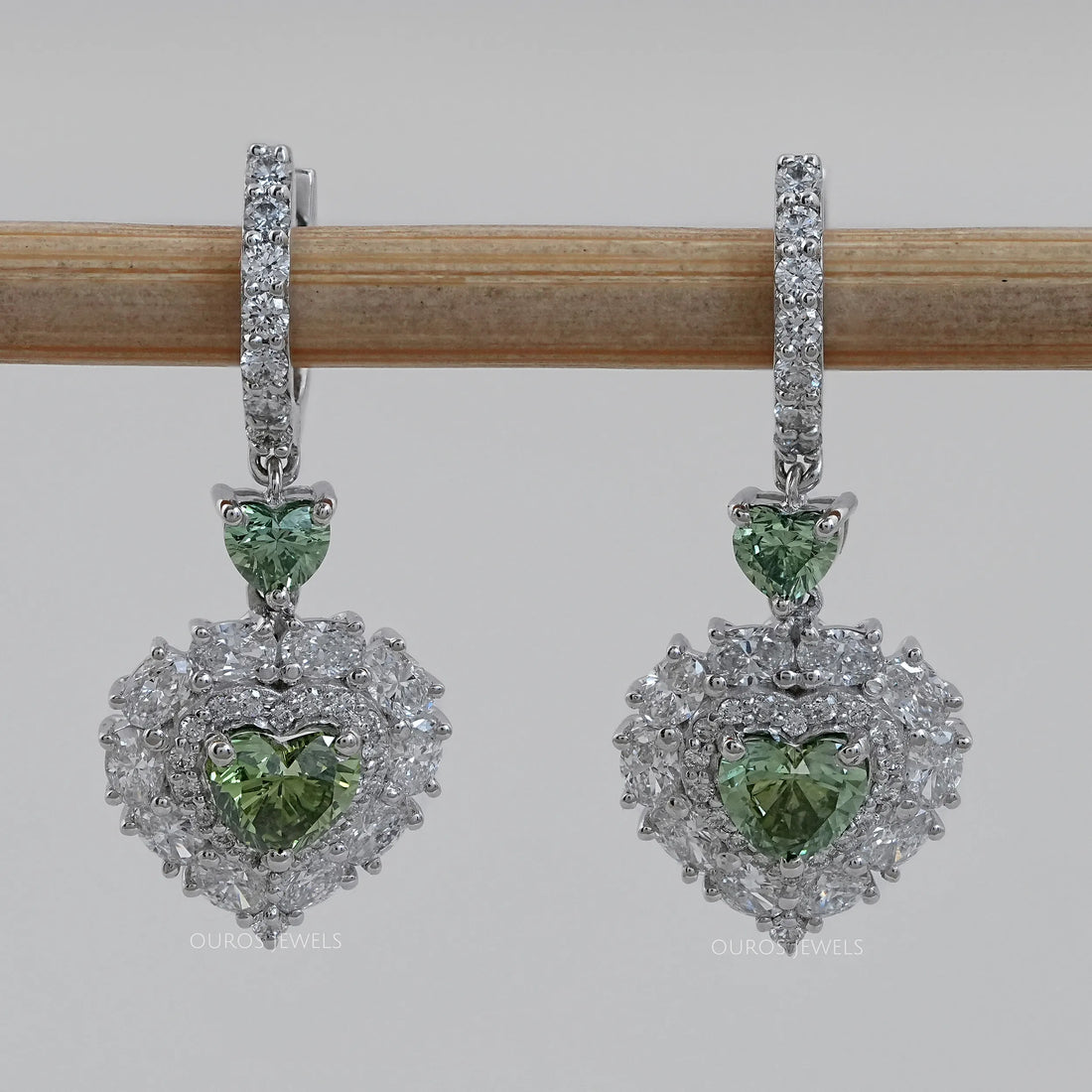 Green Heart Diamond Halo Set Dangle Earring