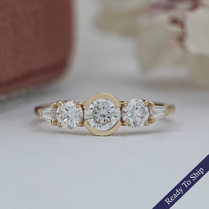 Five Stone Round And Tapered Baguette Cut Engagement Ring Rings