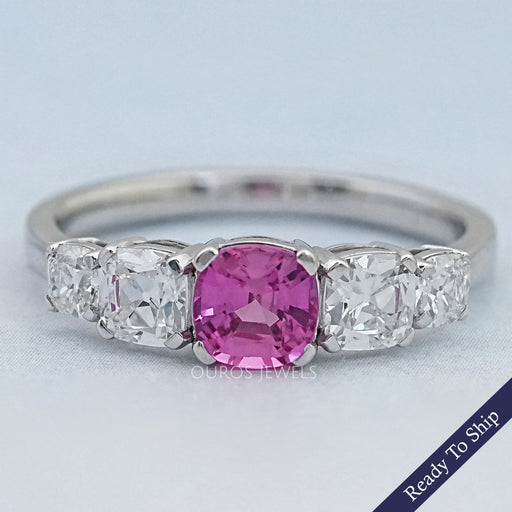 Five Stone Pink Square Cushion Cut Engagement Ring