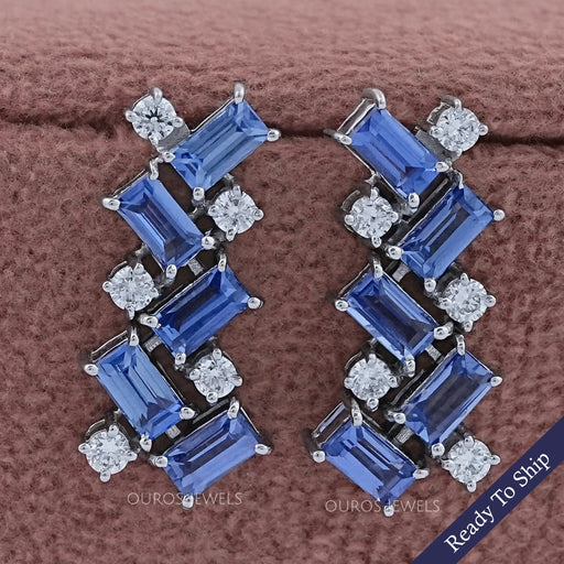 Sapphire Baguette And Round Diamond Drop Earrings