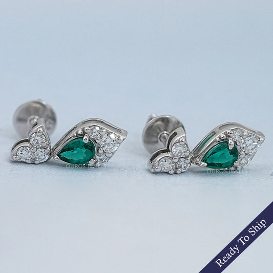 Green Pear And Round Diamond Drop Earrings