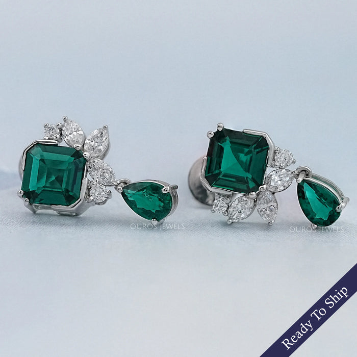 Green Asscher Gemstone And Marquise Diamond Drop Earrings