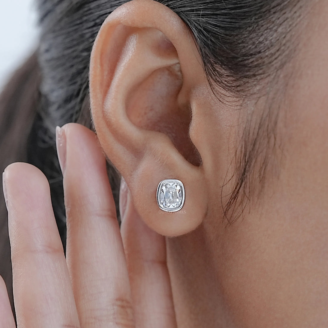 Old Mine Cushion Diamond Bezel Set Stud Earrings Earrings