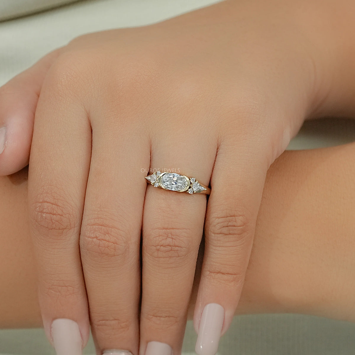 Old Mine Moval Cut Half Bezel Accent Engagement Ring Ring
