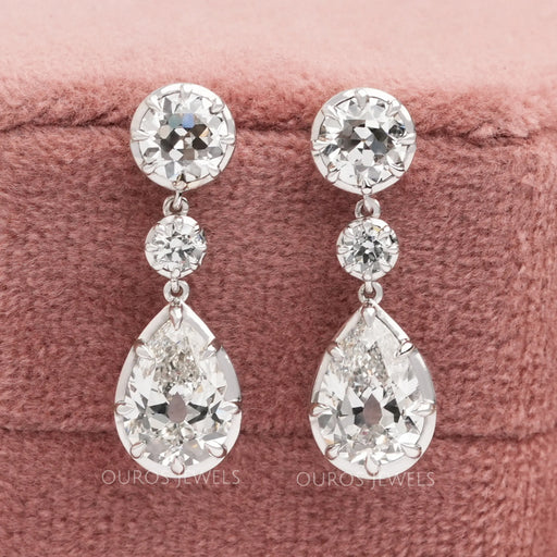 Old Mine Pear And OEC Round Cut Lab Diamond Dangle Earrings Earrings