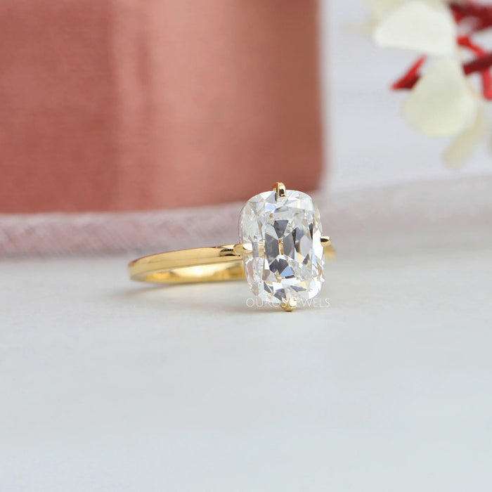[3.35 Carat Old Mine Cushion Cut Solitaire Engagement Ring In 14k Yellow Gold]-[Ouros Jewels]