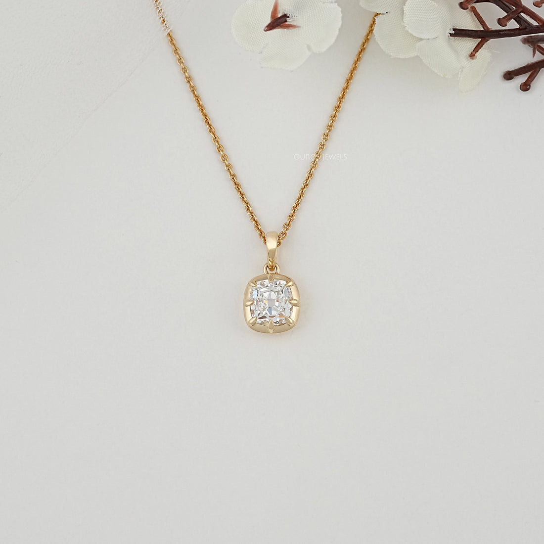 Old Mine Cushion Diamond Solitaire Pendant Necklaces