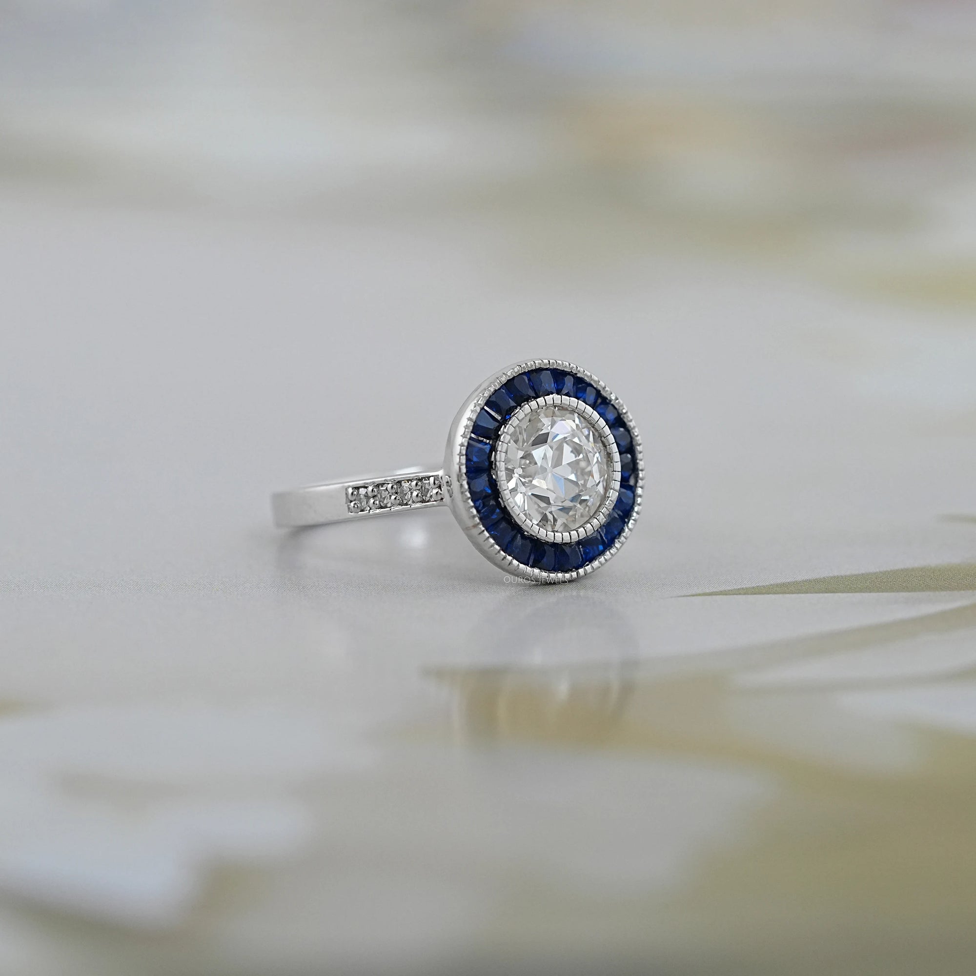 OEC Round Diamond Surround Sapphire Baguette Halo Ring Ring