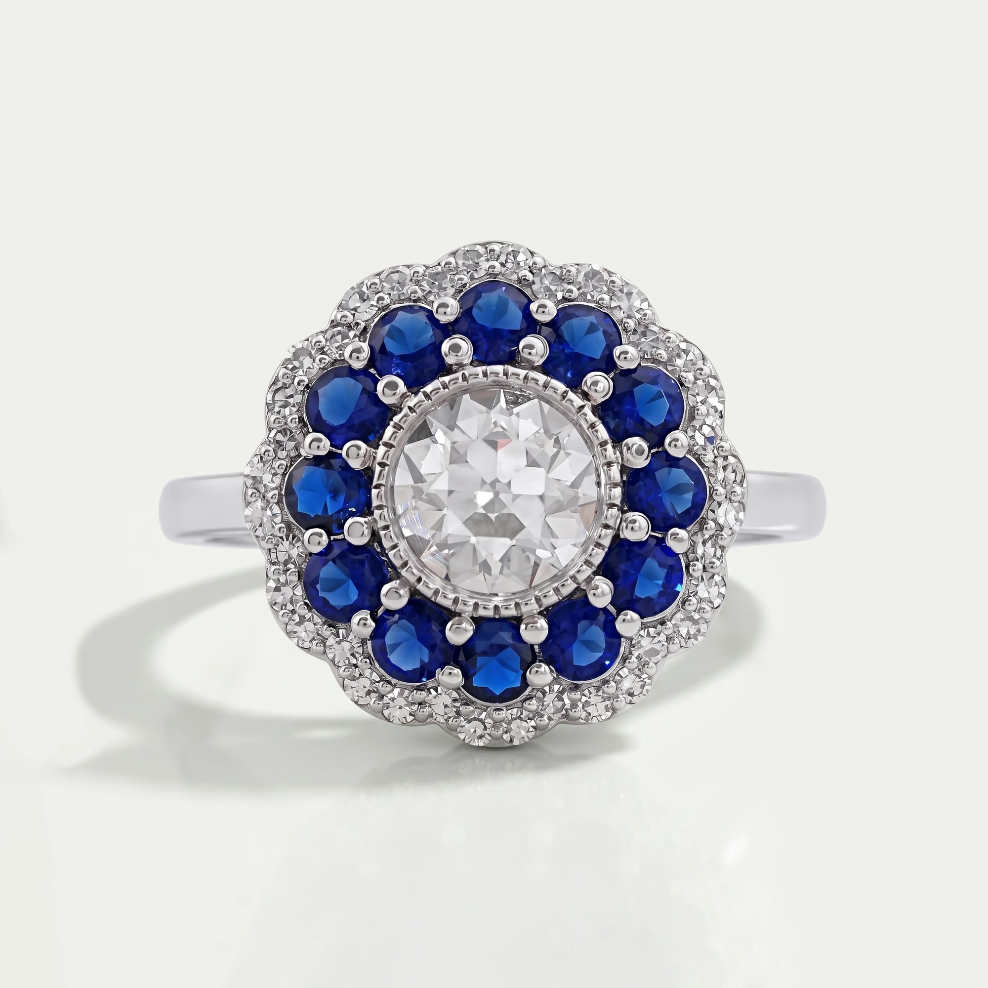 Old European Round Cut Sapphire Halo Engagement Ring Rings