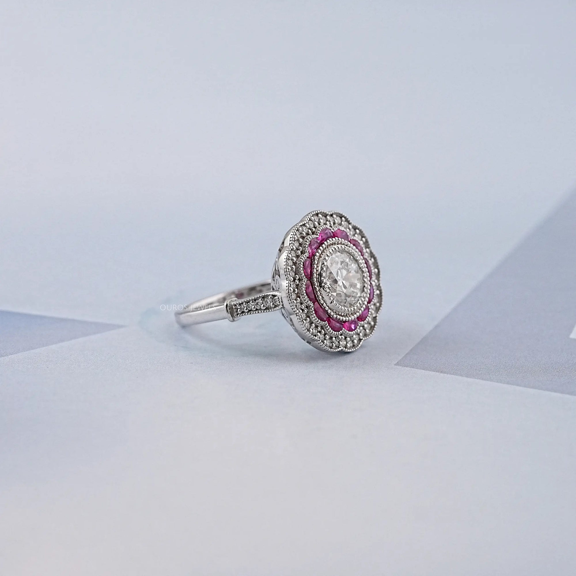 Old European Round Cut & Pink Halo Half Moon Gemstone Ring Rings
