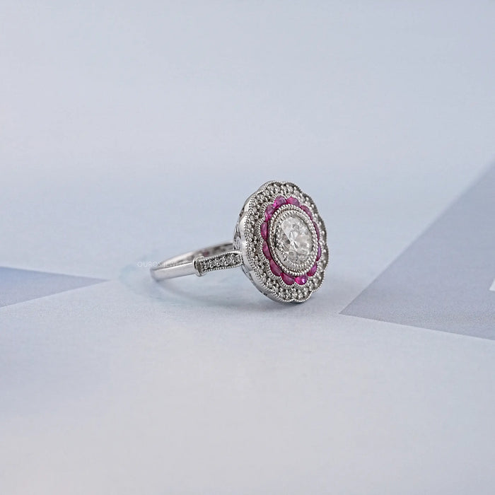 Old European Round Cut & Pink Halo Half Moon Gemstone Ring Rings
