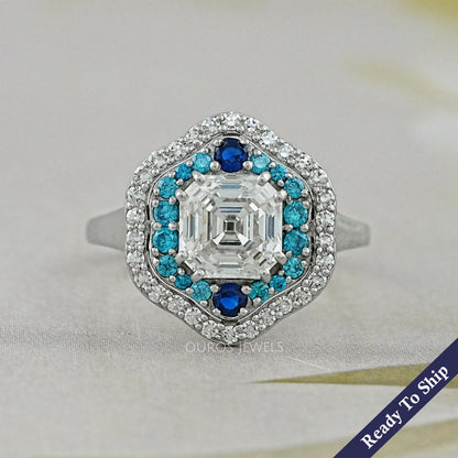 Old Mine Asscher Diamond And Gemstone Double Halo Ring Rings