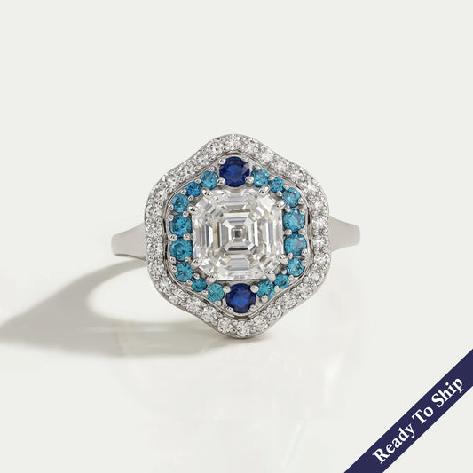 Old Mine Asscher Diamond And Gemstone Double Halo Ring Rings