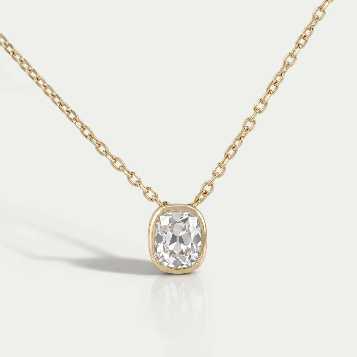 Old Mine Cushion Lab Diamond Bezel Set Pendant Necklaces