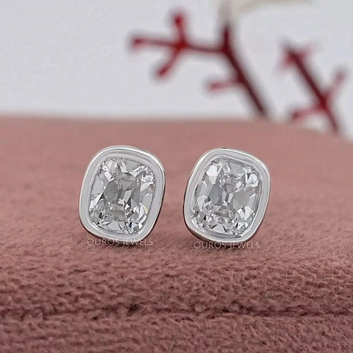Old Mine Cushion Diamond Bezel Set Stud Earrings
