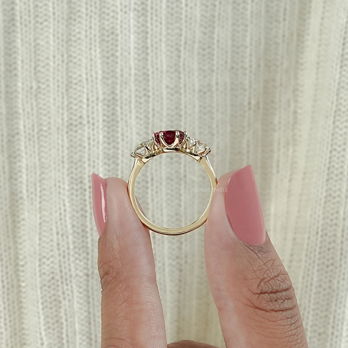 Three Stone Ruby Oval Gemstone Engagement Ring Ring