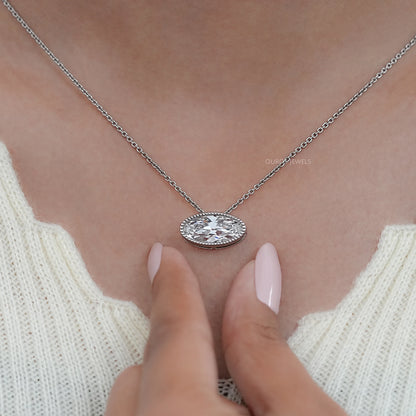 East West Old Mine Moval Lab Diamond Solitaire Pendant 18K Solid Gold - Milgrain Set 18.00 Inch Necklaces