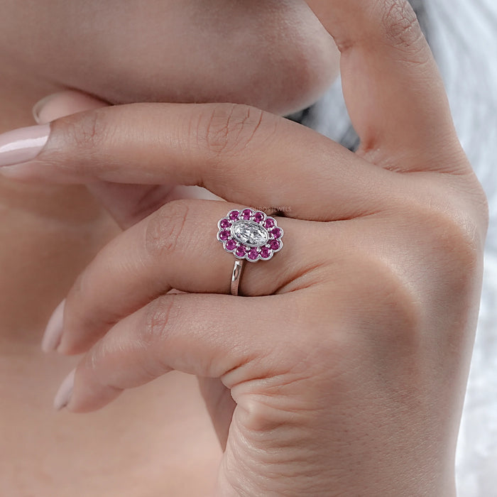 Old Mine Oval Cut Pink Halo Floral Engagement Ring Ring