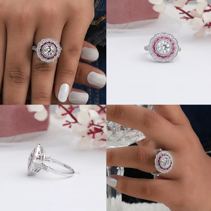 Old European Round Cut Pink Half Moon Halo Gemstone Engagement Ring