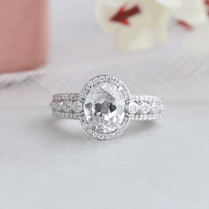 [Excellent front view of old mine oval cut with round cut lab diamond halo engagement ring]-[Ouros Jewels]