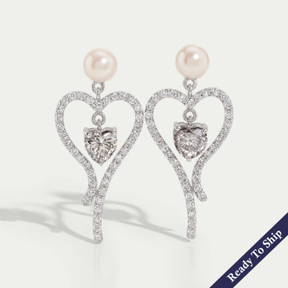 Olive Heart Diamond Pearl Drop Earrings