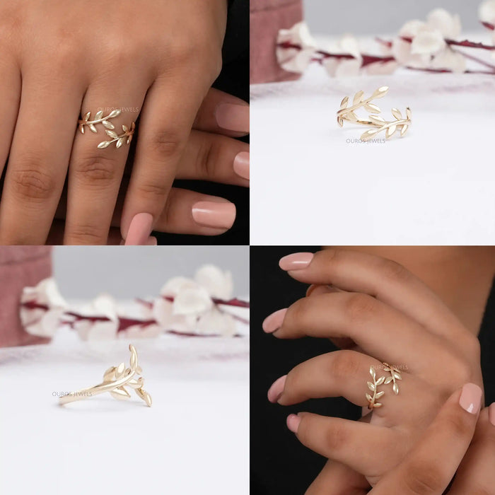 [Collage of Olive Leaf Bypass Yellow Gold Ring]-[Ouros Jewels]