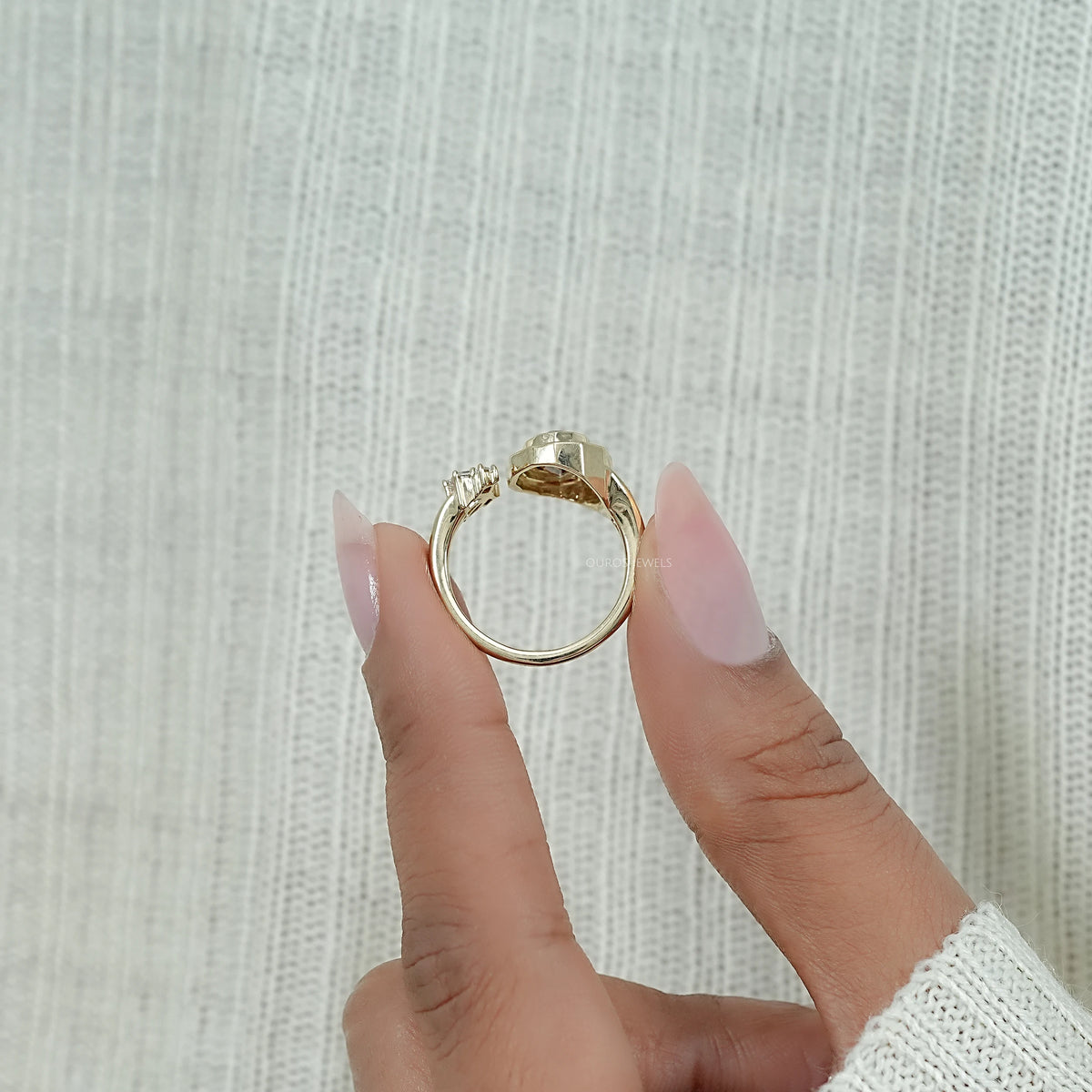 Champagne Step Cut Oval Diamond Halo Open Ring