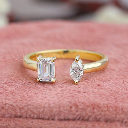 Emerald And Marquise Lab Diamond Open Cuff Ring