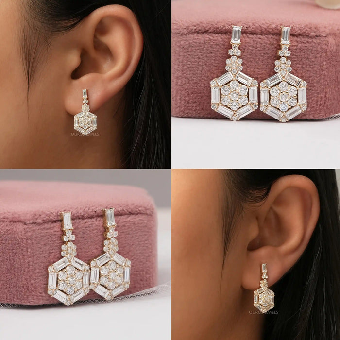 [Collage of Round Cut Baguette Diamond Yellow Gold Earring]-[Ouros Jewels]