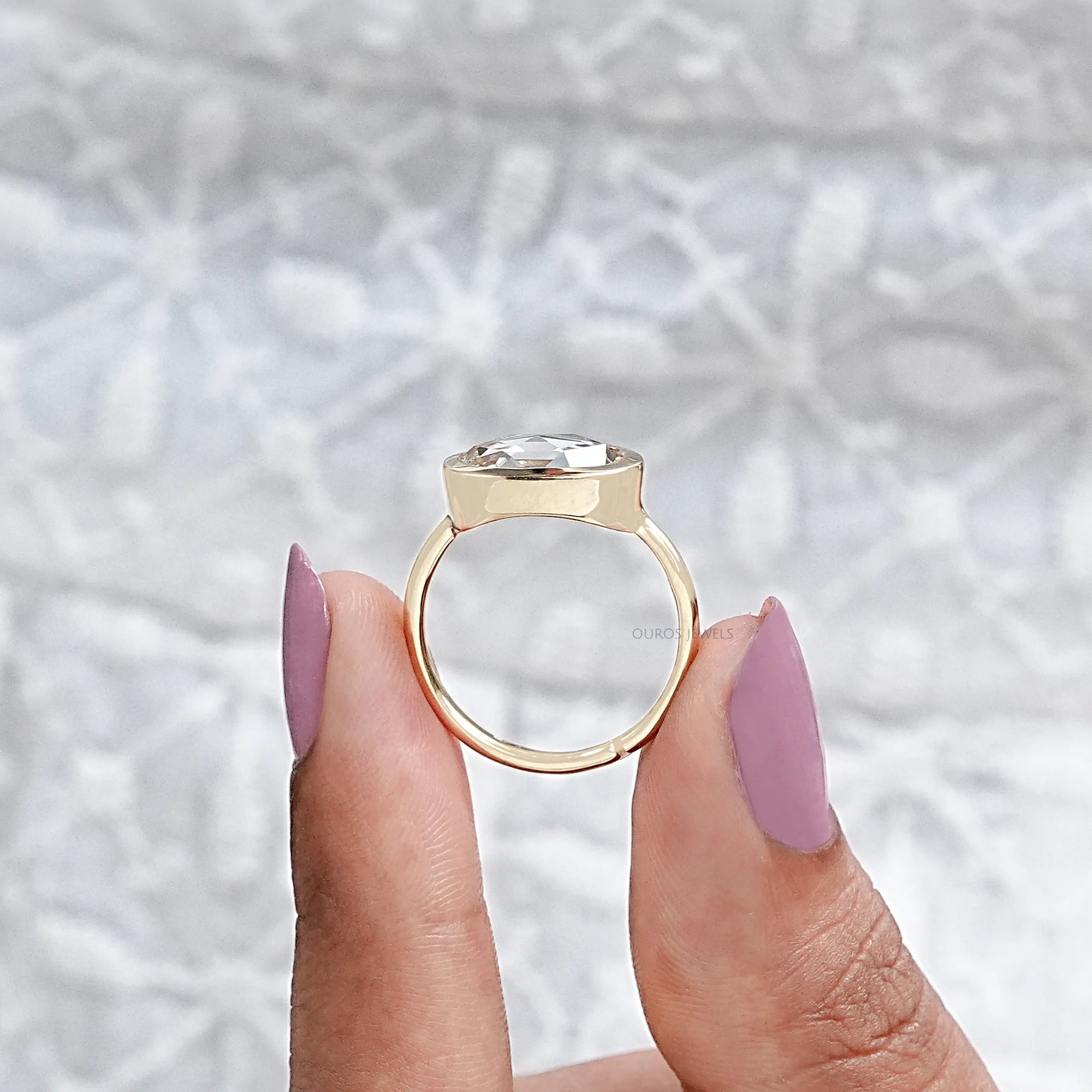 East West Rose Cut Oval Lab Diamond Bezel Solitaire Ring Rings