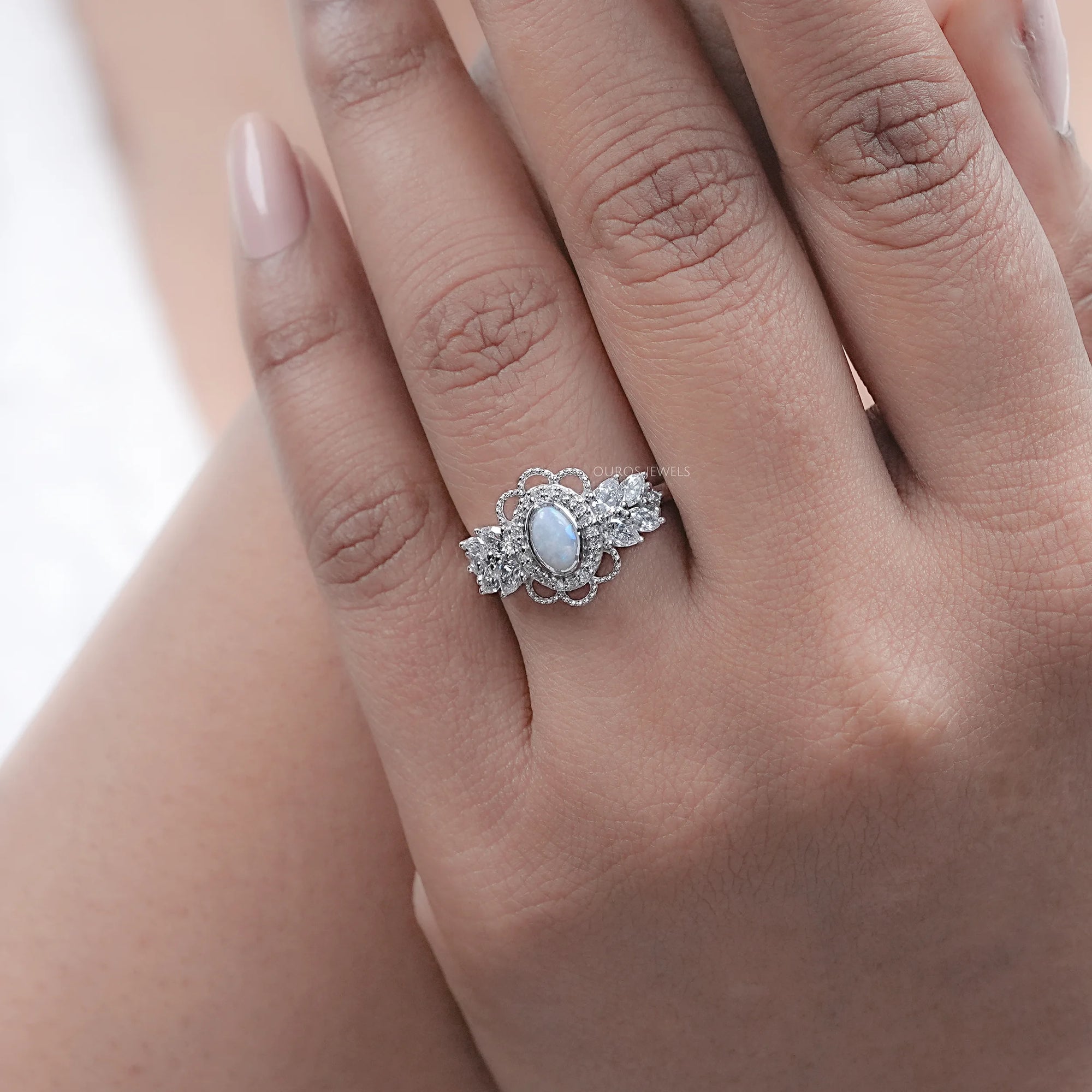 Opal Oval Cut And Halo Diamond Floral Engagement Ring