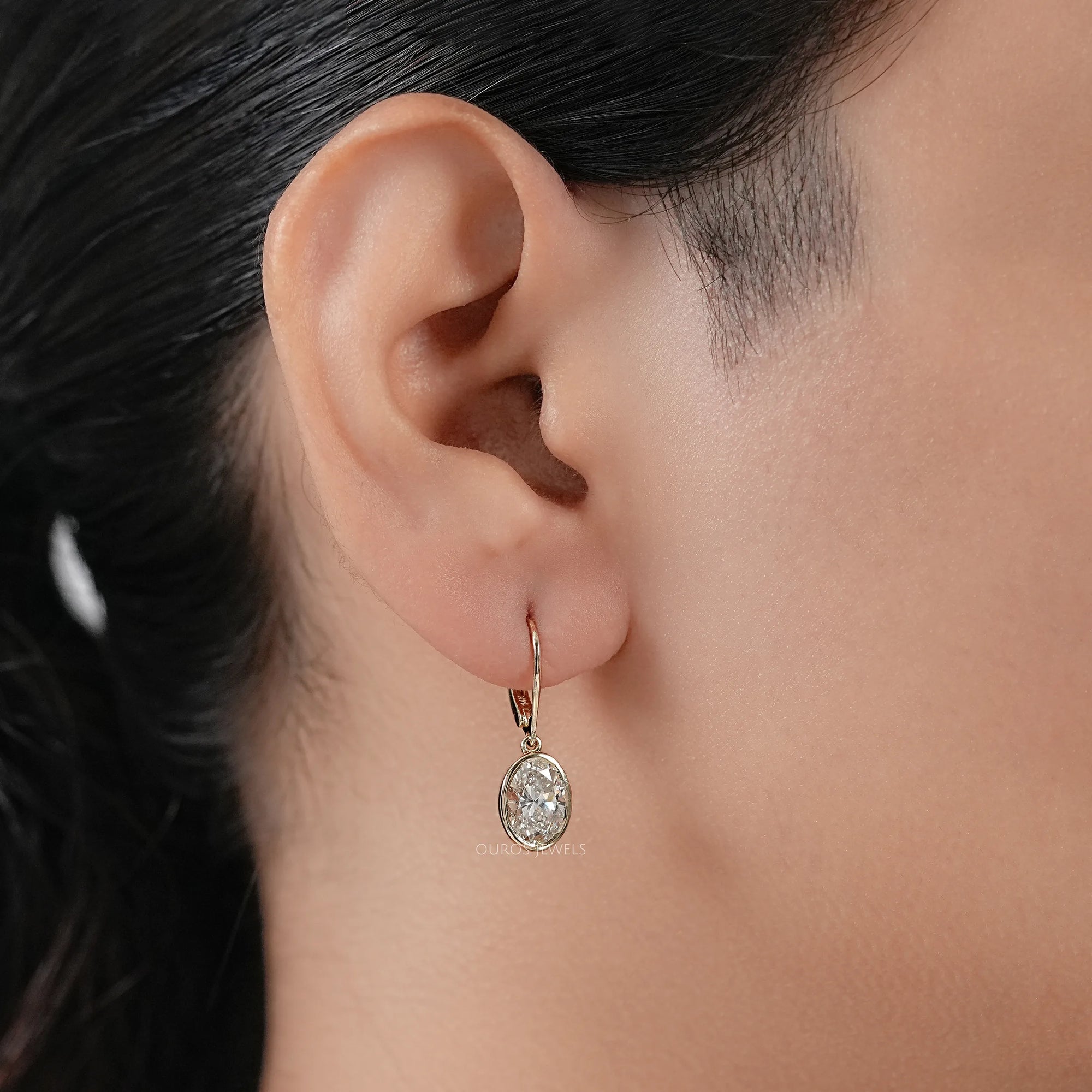 Oval Diamond Bezel Set Drop Hoop Earrings