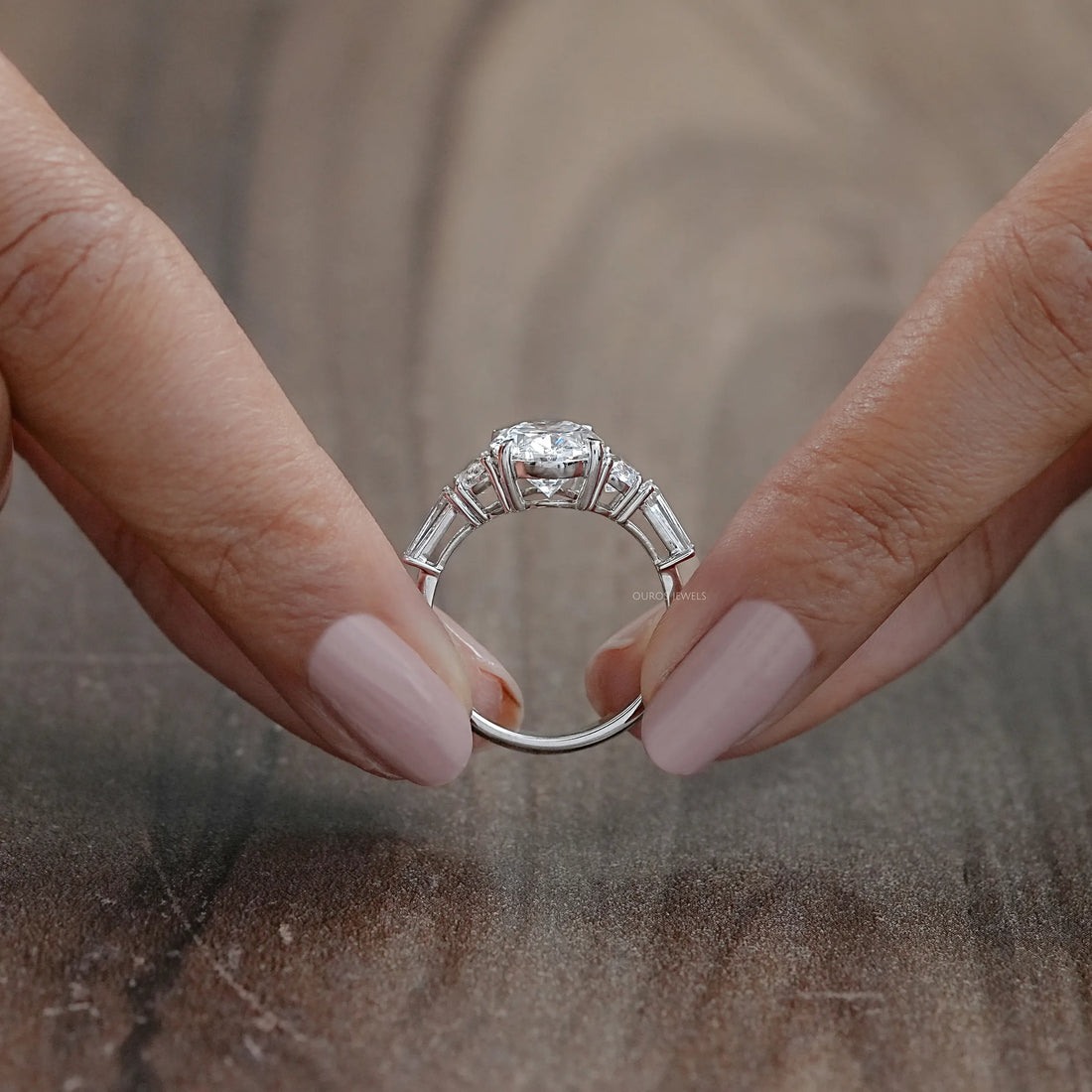 Oval And Half Moon Diamond Five Stone Engagement Ring Rings